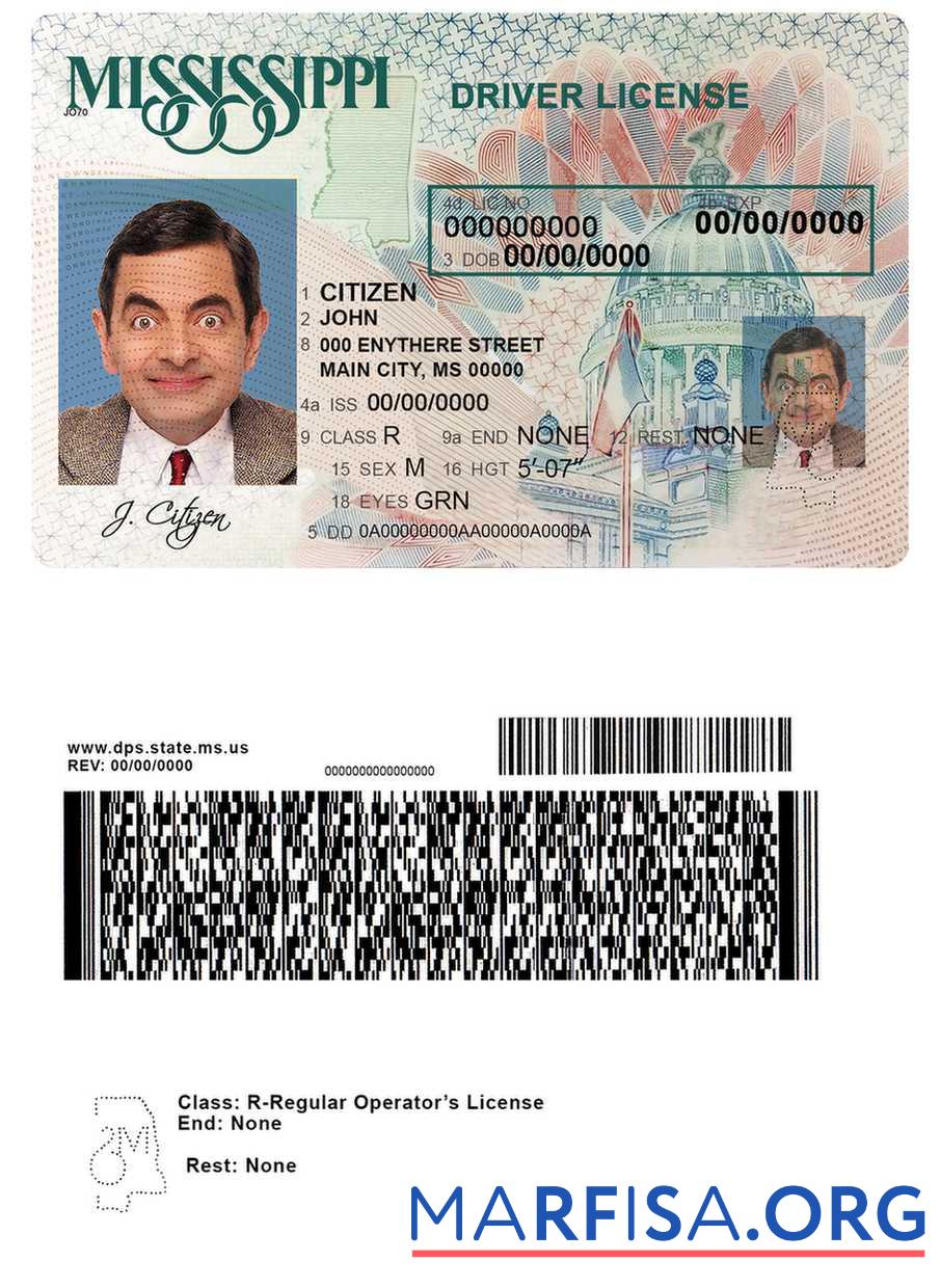 Downloadable USA Mississippi driving license download for verification